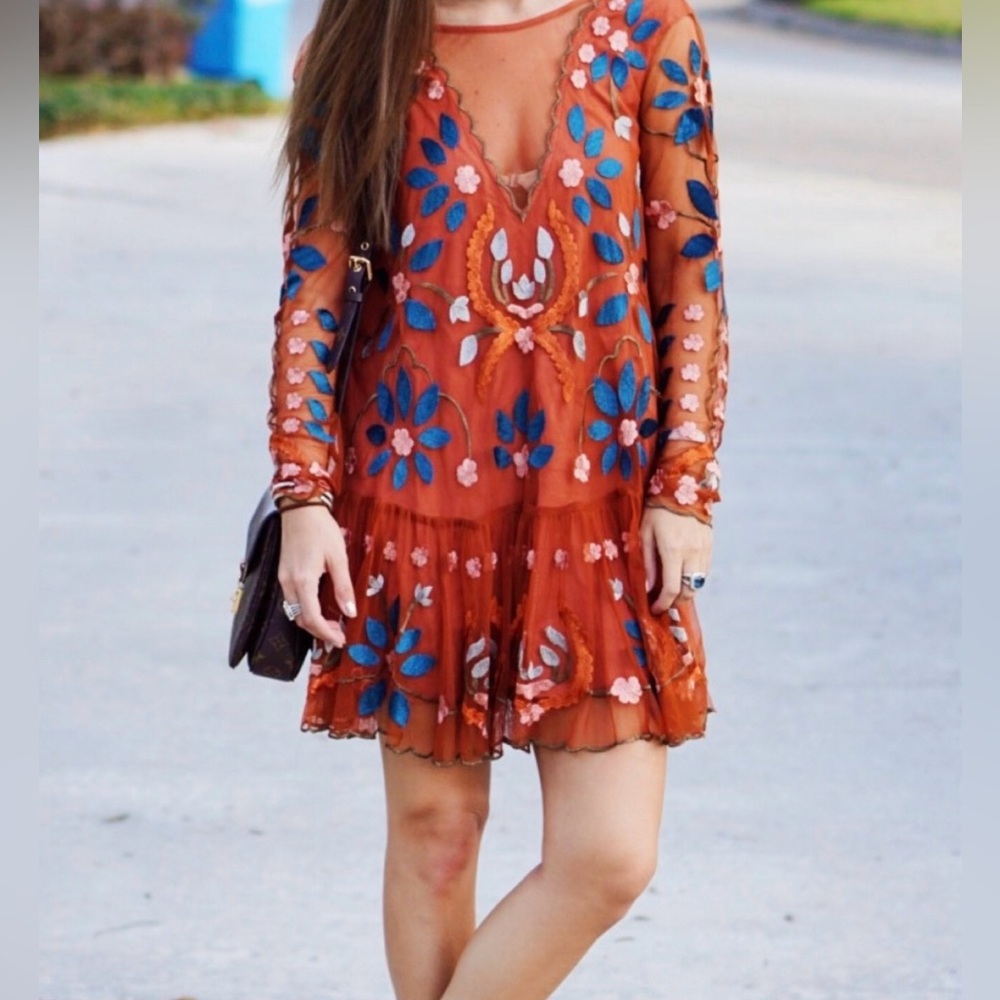 Free People Hearts Are Wild Embroidered Tulle Dress in Rust - Small. - Picture 3 of 10
